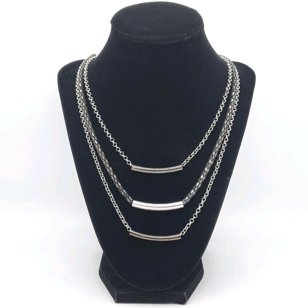 Triple Three Strand Curved Bar Silver Tone Layered Chain Link Necklace